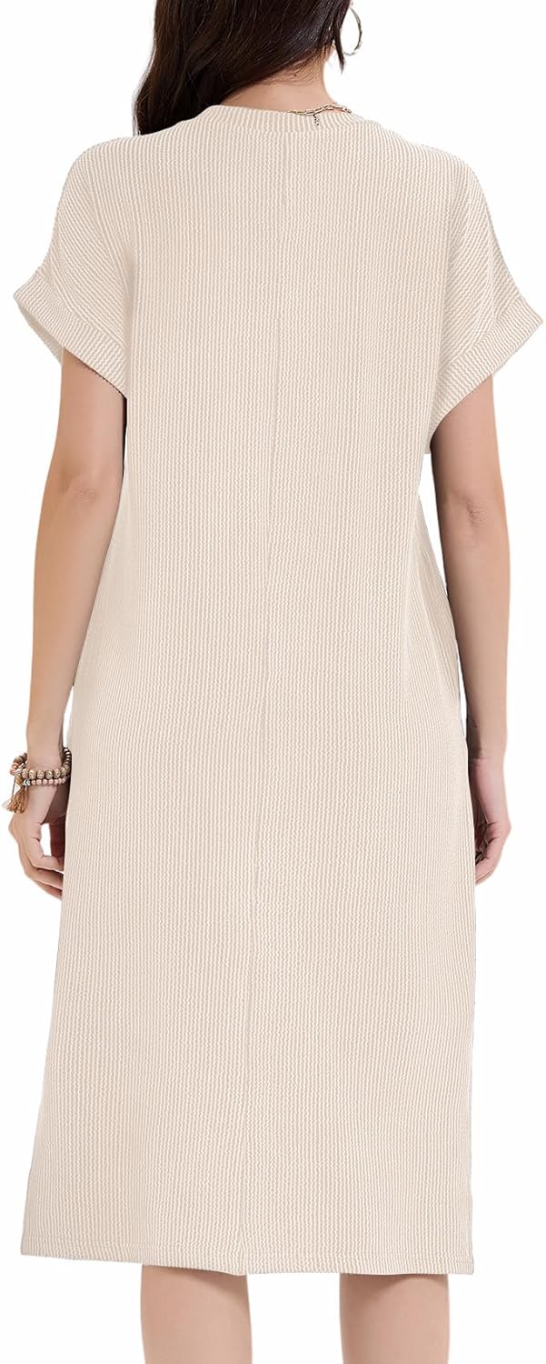 Womens Casual T Shirt Dress Summer Fall Crewneck Loose Fit Side Split Knee Length Dress Ribbed Pattern with Pockets - Image 2