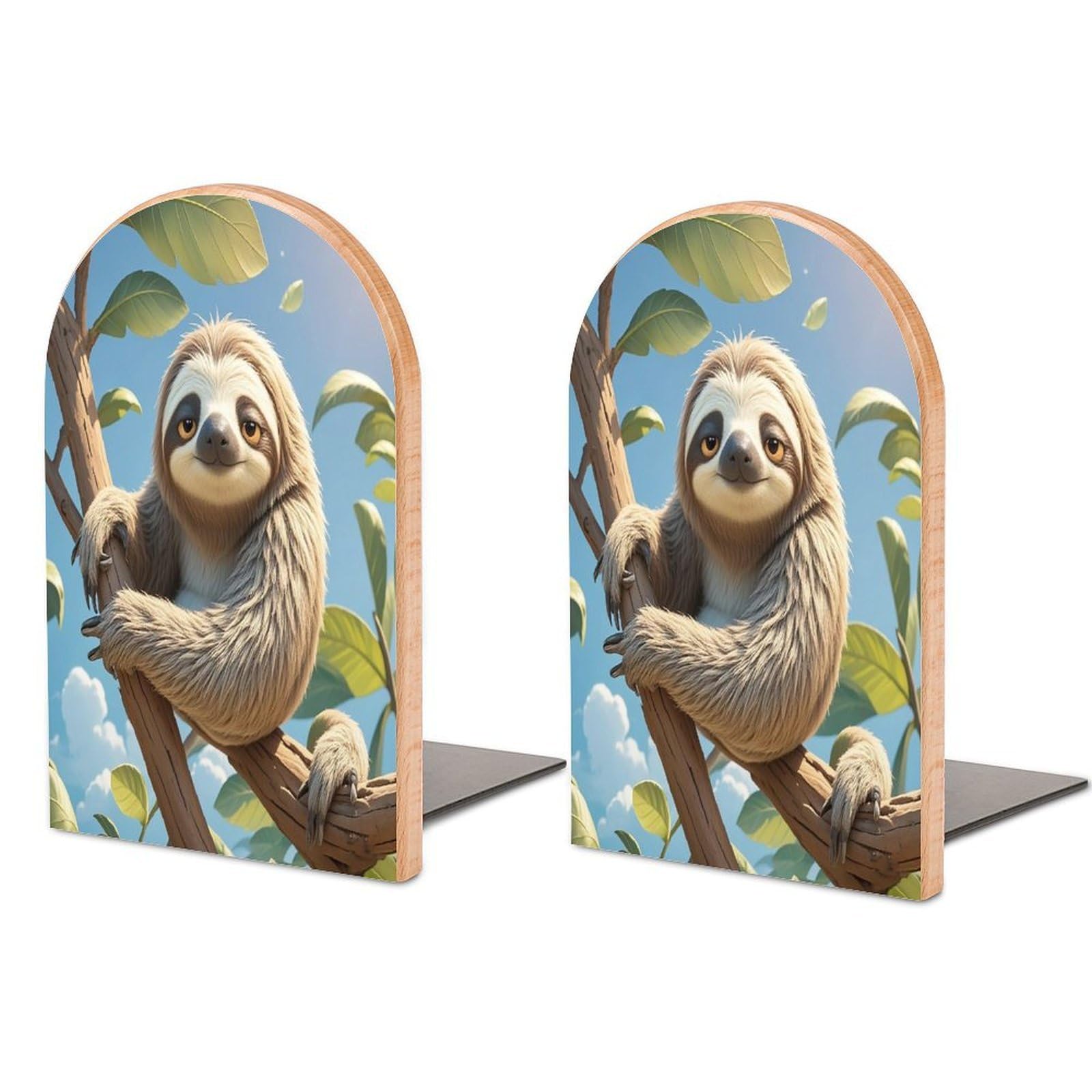 Cartoon Sloth Bookend for Shelves Wooden Book End Sturdy Book Holders Stoppers with Metal Base for Bookshelves Slick Decorative Bookends Stands