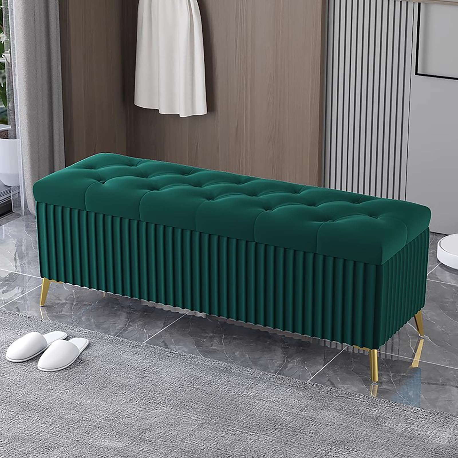 Banc de lit moderne velours vert | Meuble de rangement entrée et chambre