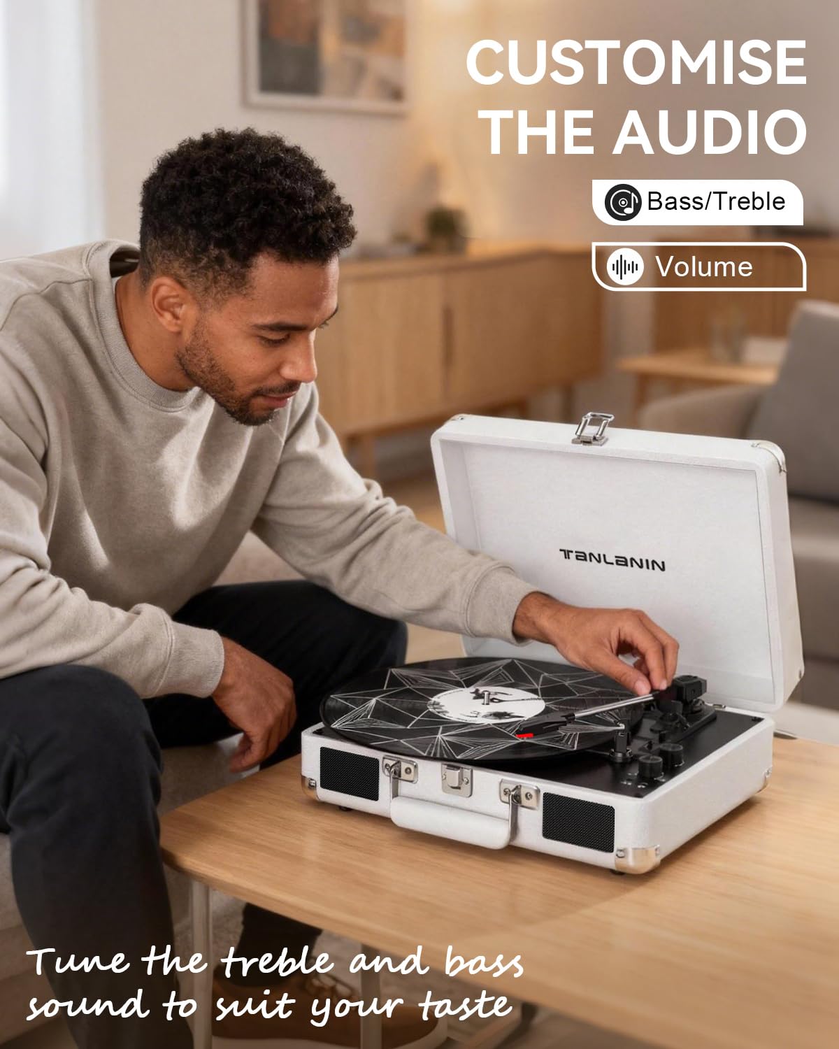 Tocadiscos de vinilo con altavoces integrados, tocadiscos Bluetooth de 3 velocidades para discos de vinilo, tocadiscos retro de maleta con control de graves y agudos, salida RCA AUX, conector para auriculares, elegante opción de regalo 3