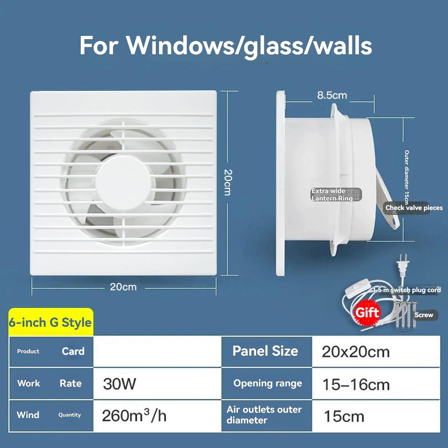 Ventola di aspirazione di ventilazione in plastica ABS ad alta temperatura e basso consumo energetico per bagno, cucina, casa, parete finestra