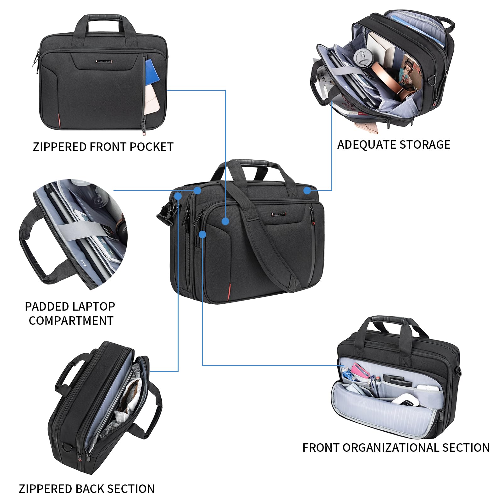 EMPSIGN Borsa porta PC stilosa cartella, custodia per PC 17,3 pollici espandibile a tracolla per uomo idrorepellente, borsa a tracolla da ufficio per lavoro e viaggio d’affari - nera/rossa