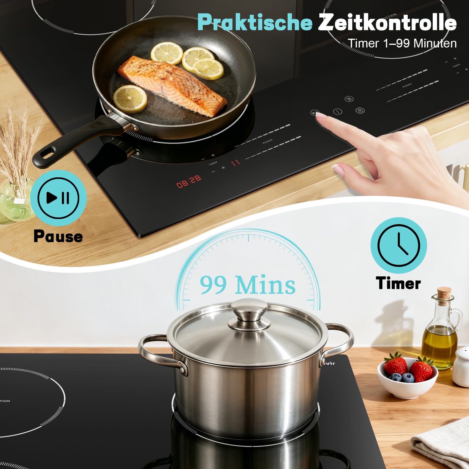 Induktionskochfeld 60cm Leistung Boost, Kochfeld Induktion 4 Platten, 7200W | 9 Leistungsstufen, Zonierte Touch-Bedienung, Timer 1-99 Min, Kindersicherung, Autarkes Einbau Induktionsherd