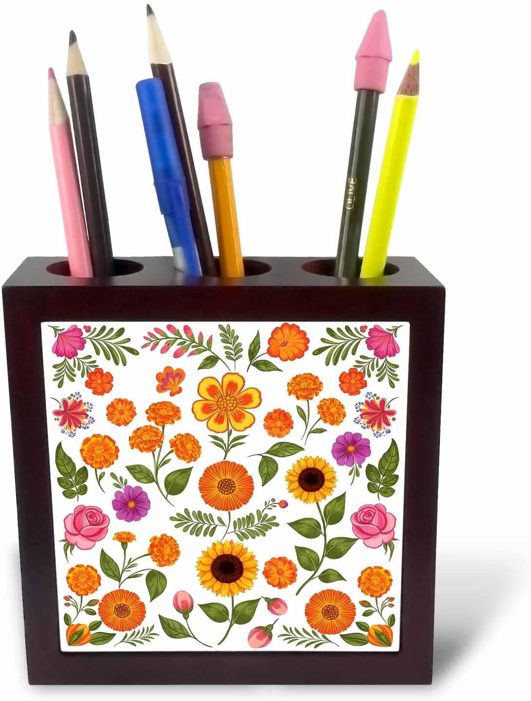 3dRose Cheerful pattern of colorful garden flowers. Artsy gift for anyone 5 inch tile pen holder