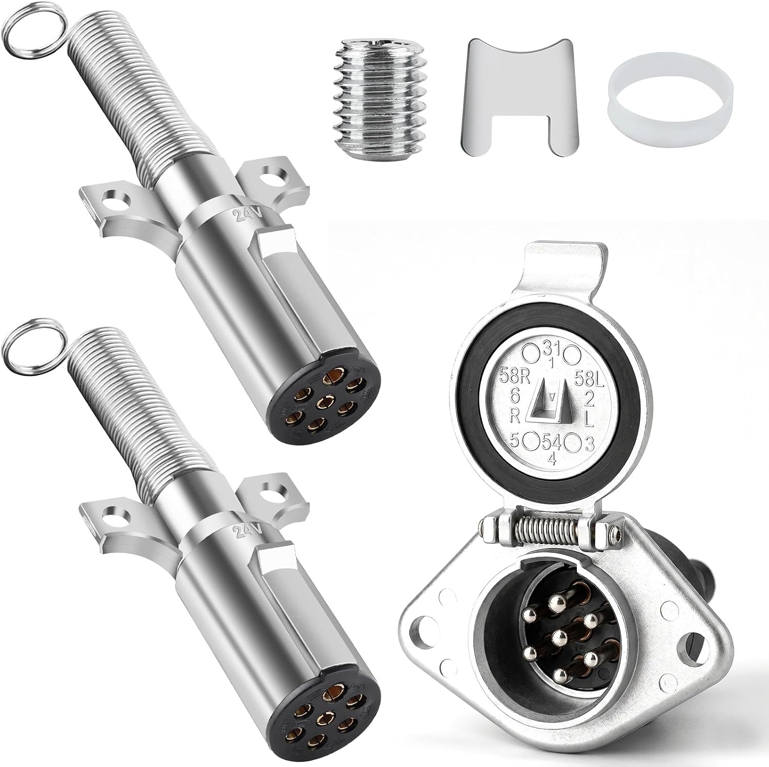 7-Way Round Vehicle Side Female Socket & 2PCS Trailer Plug SAE J560 Standard