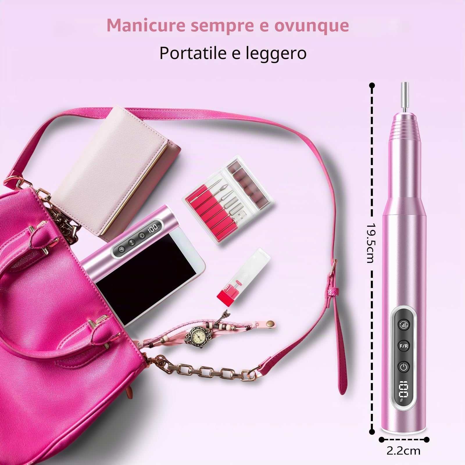 Fresa per unghie Professionale 45000 giri/min, Set manicure, pedicure, batteria senza fili, lima elettrica per unghie con 12 accessori per la cura delle unghie, cura dei piedi, elettrico a 6 velocità