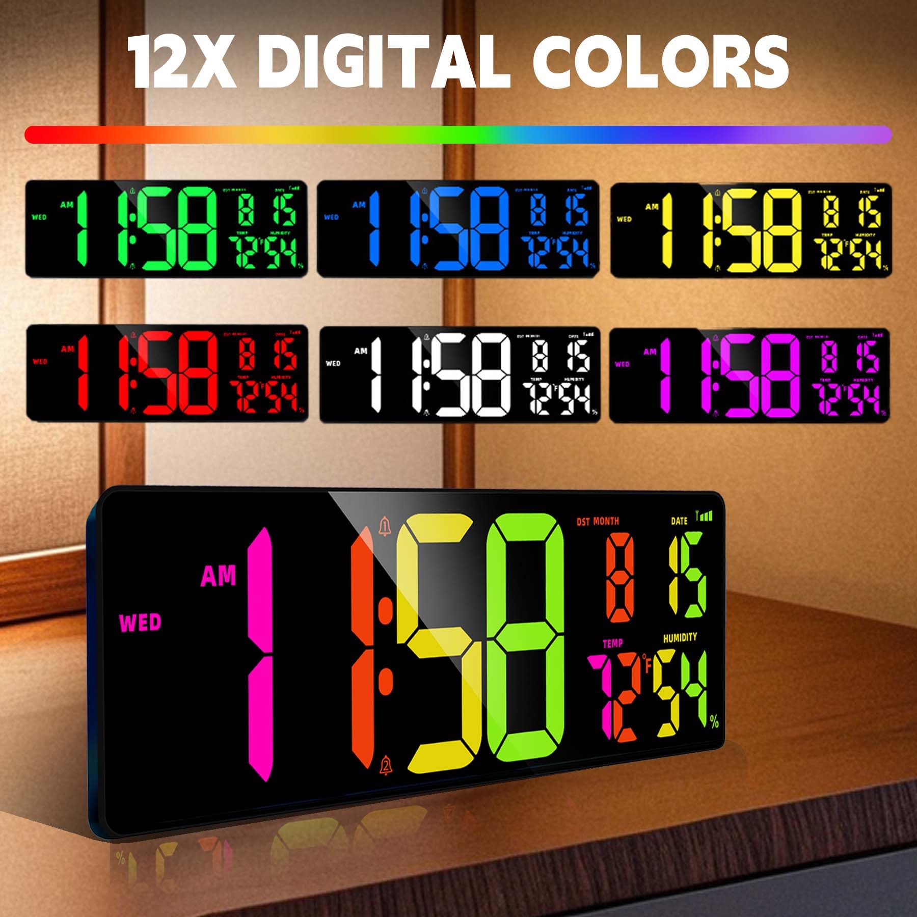 Orologio da parete digitale da 41,9 cm, sincronizzazione Bluetooth, timer per conto alla rovescia, doppio allarme, grande LED RGB, DST automatico, orologio digitale per soggiorno, classe, scrivania