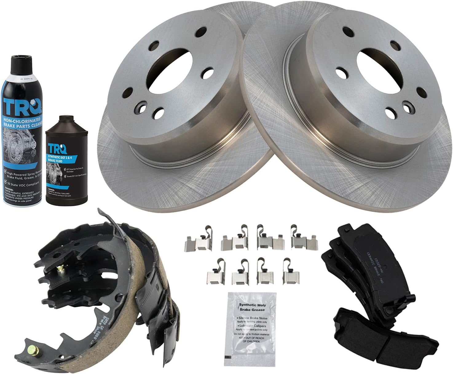 TRQ Rear Brake Pad & Rotor Kit Brake Chemical Kit Brake Pads Brake Rotor Parking Brake Shoe Set Ceramic Compatible with 1999-2003 Lexus RX300