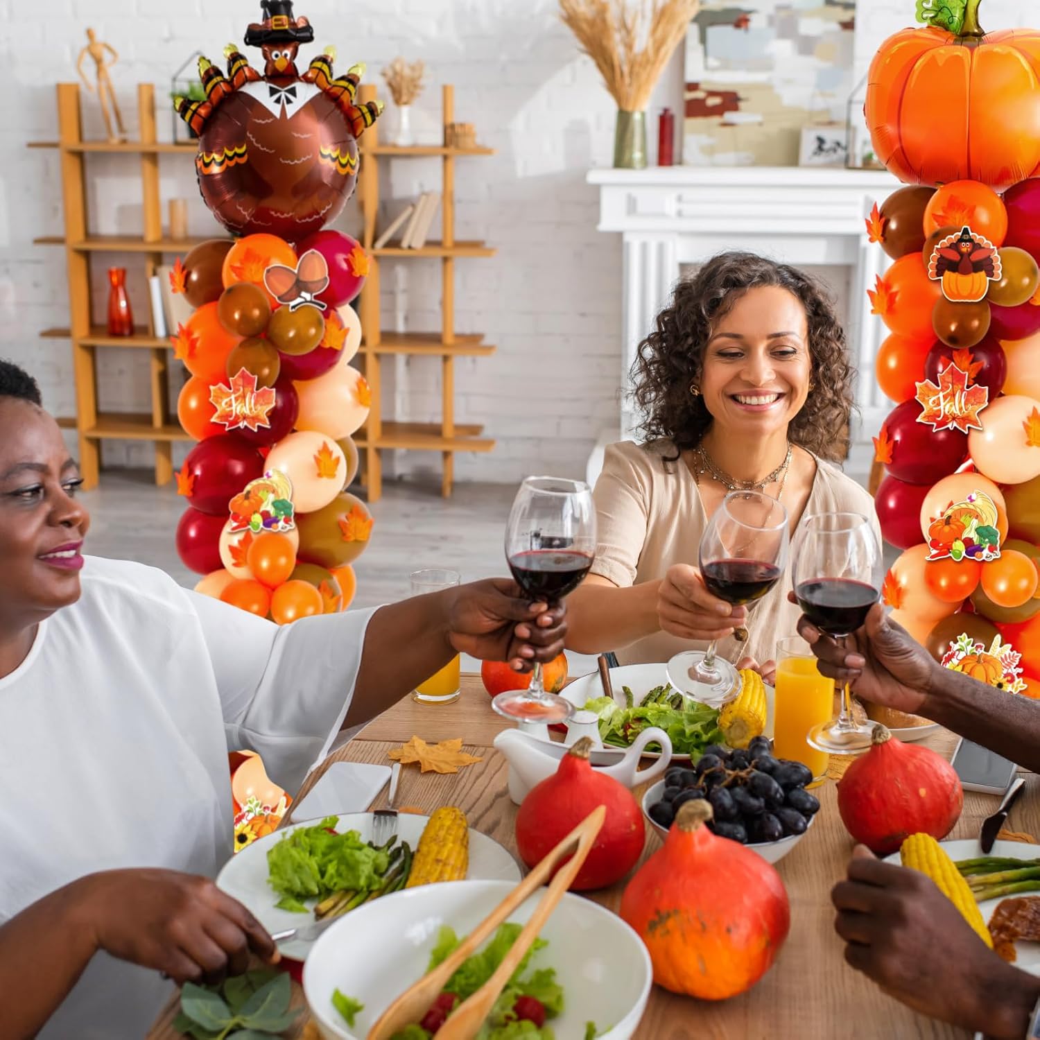 Gejoy 2 Set Thanksgiving Fall Balloon Column Stand Set with 194 Pcs Fall Turkey Pumpkin Balloons 50 Maple Leaves 14 Cards 6.5 ft Adjustable Tower Pillar with Metal Telescopic for Thanksgiving Party