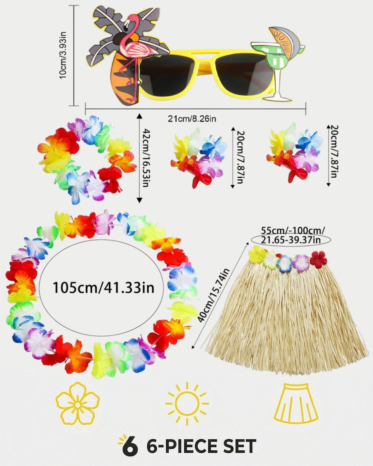 DAFNE 6 Pièces deguisement hawaienne femme, Jupe Hawaienne en Paille Paquet, Jupe Hawaienne, Hawaïen lei, Décoration de Fête Tropicale de Plage d'été, accessoire de fête tropicale Luau,Style-2