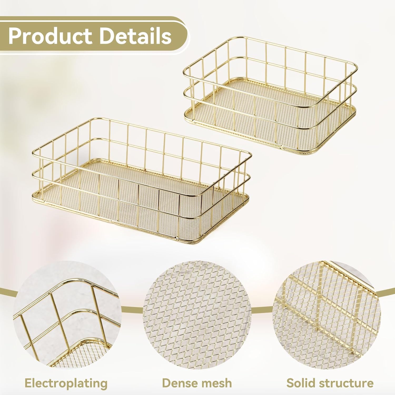 2Pcs Gold Wire Baskets, Desktop Metal Storage Basket Bathroom Gold Organizer, Wire Mesh Baskets Iron Grid Storage Tray Vanity Dresser Ornament for Bathroom Office Home