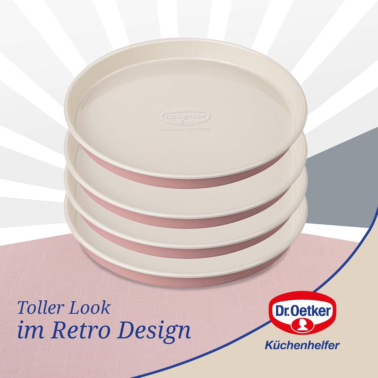 Dr. Oetker 4654 Retro Set of 4 Layer Cake Baking Mould Diameter 17 x 1.5 cm, Pink/Cream, 17 x 17 x 1.5 cm Stainless Steel