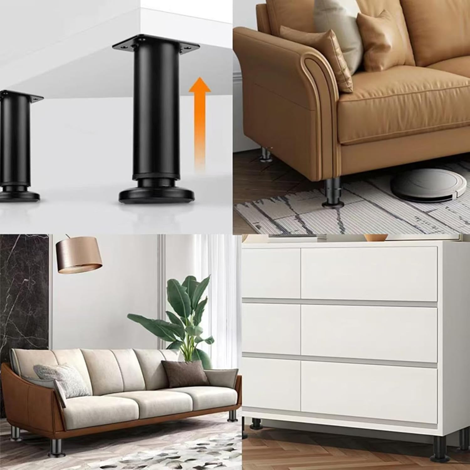 4Pcs Black Adjustable 4.7-7.08 Inch Metal Furniture Legs for Cabinet Sofa | Heavy Duty Leveling Furniture Replacement Legs with Anti-Slip Feet | Come with Screws for Desk, Table, Bed & Cabinet