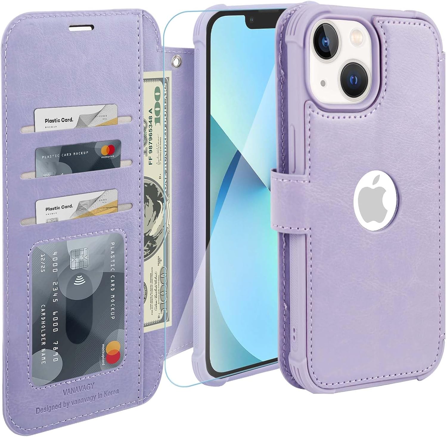 VANAVAGY Compatible for iPhone 13 Mini Wallet Case for Women Men, PU Leather Flip Phone Cover with Wrist Strap for Wireless Charging with RFID Blocking Card Holder Screen Protector,Clove Purple