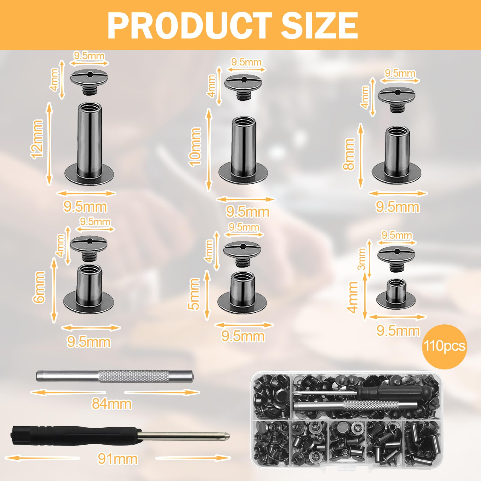 110 Pezzi Set di Chicago Viti da 6 Dimensioni M5 x 4 mm/5 mm/6 mm/8 mm/10 mm/12 mm Kit Di Rivetti a Vite per Decorazioni in Pelle Fai Da Te Collana Cintura