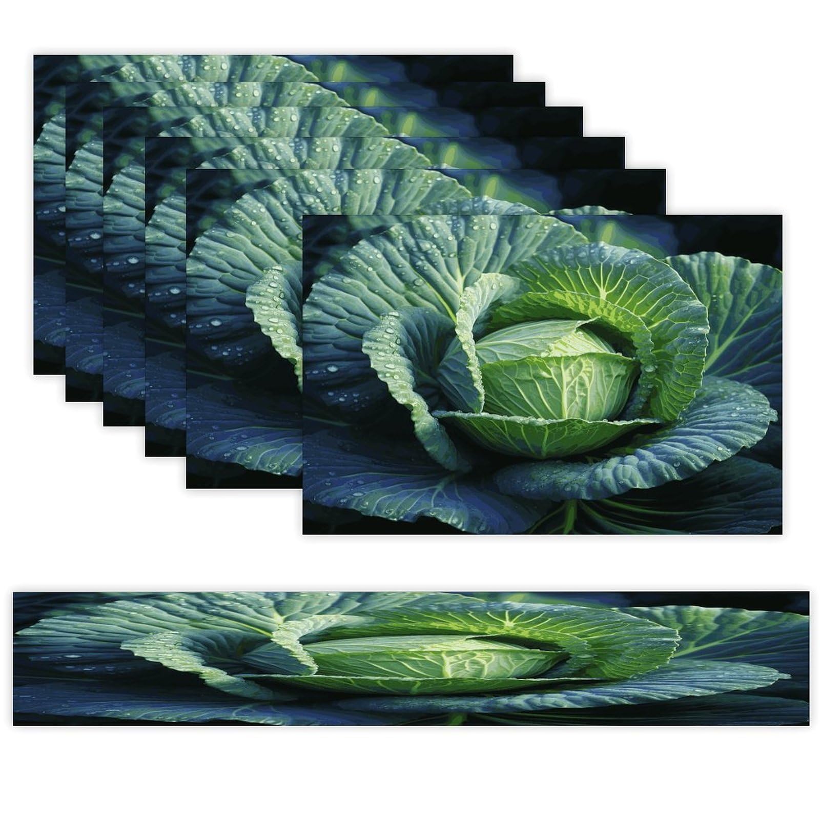Bright Cabbage Table Runner and Placemats Set of 6 for Kitchen Washable Table Mats Heat Resistant Place Mats Non-Slip Place Mat Wipeable Placemat(6 Placemats+1 Table Runner)