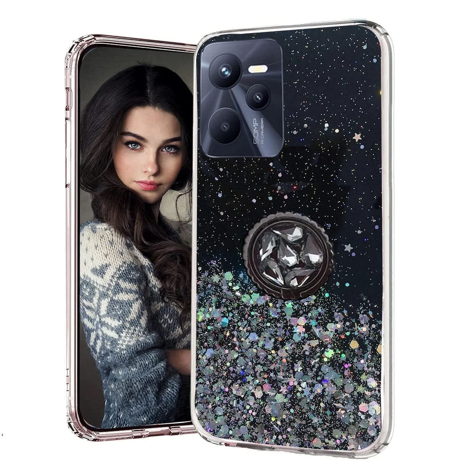 KC Back Cover for Realme C35 & Realme Narzo 50A Prime, Starry Dry Fixed Non Moving Sparkling Bling Shining Diamond Ring Holder Stand Glitter Stars Soft Silicone Case (Black) (B0BR8SDKJ9) Amazon Price History, Amazon Price Tracker