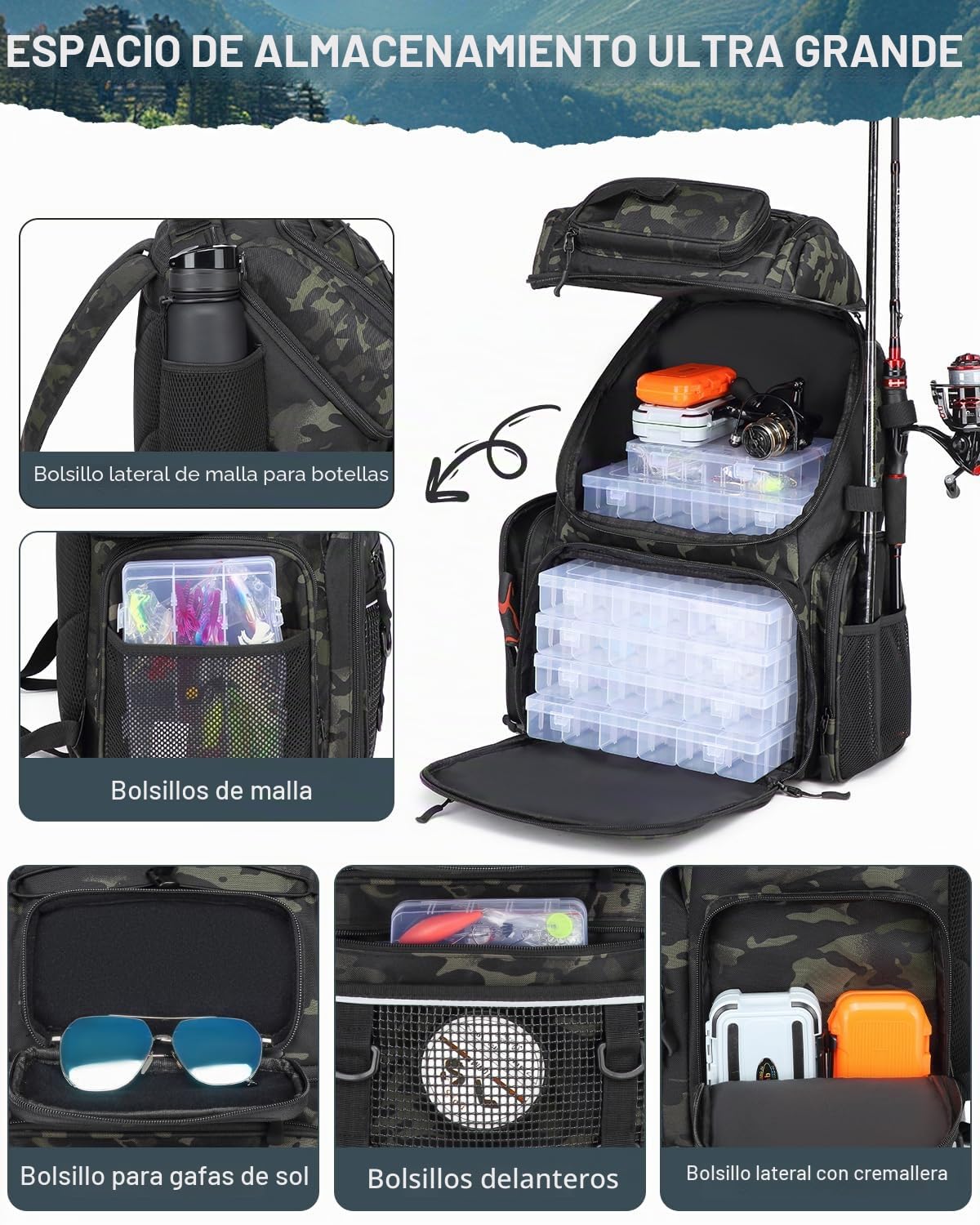 Mochilas Pesca con 4 Cajas Lure Bolsa de Pesca de 50L con Compartimento Frigorífico Resistente al Agua Grande (Camo)