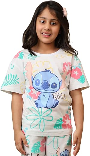 Kidsville Official Lilo &amp; Stitch Girls Graphic Printed Half Sleeves Round Neck Pure Cotton Relaxed Fit Tshirt