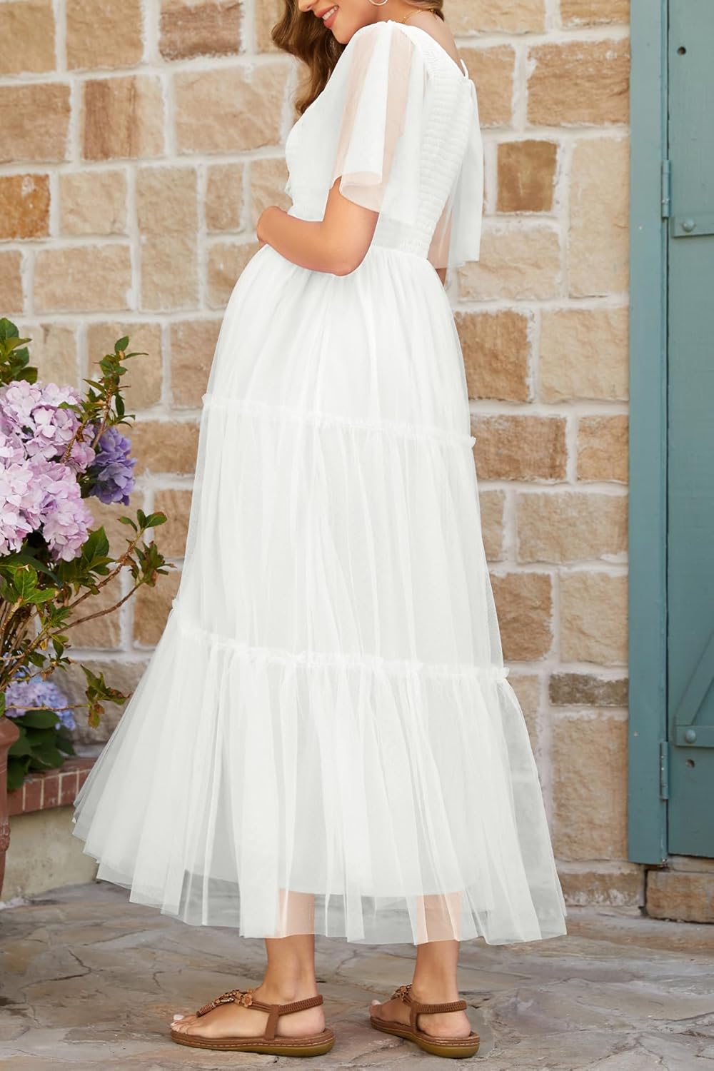 Maternity Photoshoot Dress-Baby Shower 2026 Pregnancy Summer Maxi Flutter Sleeve Mesh Dress