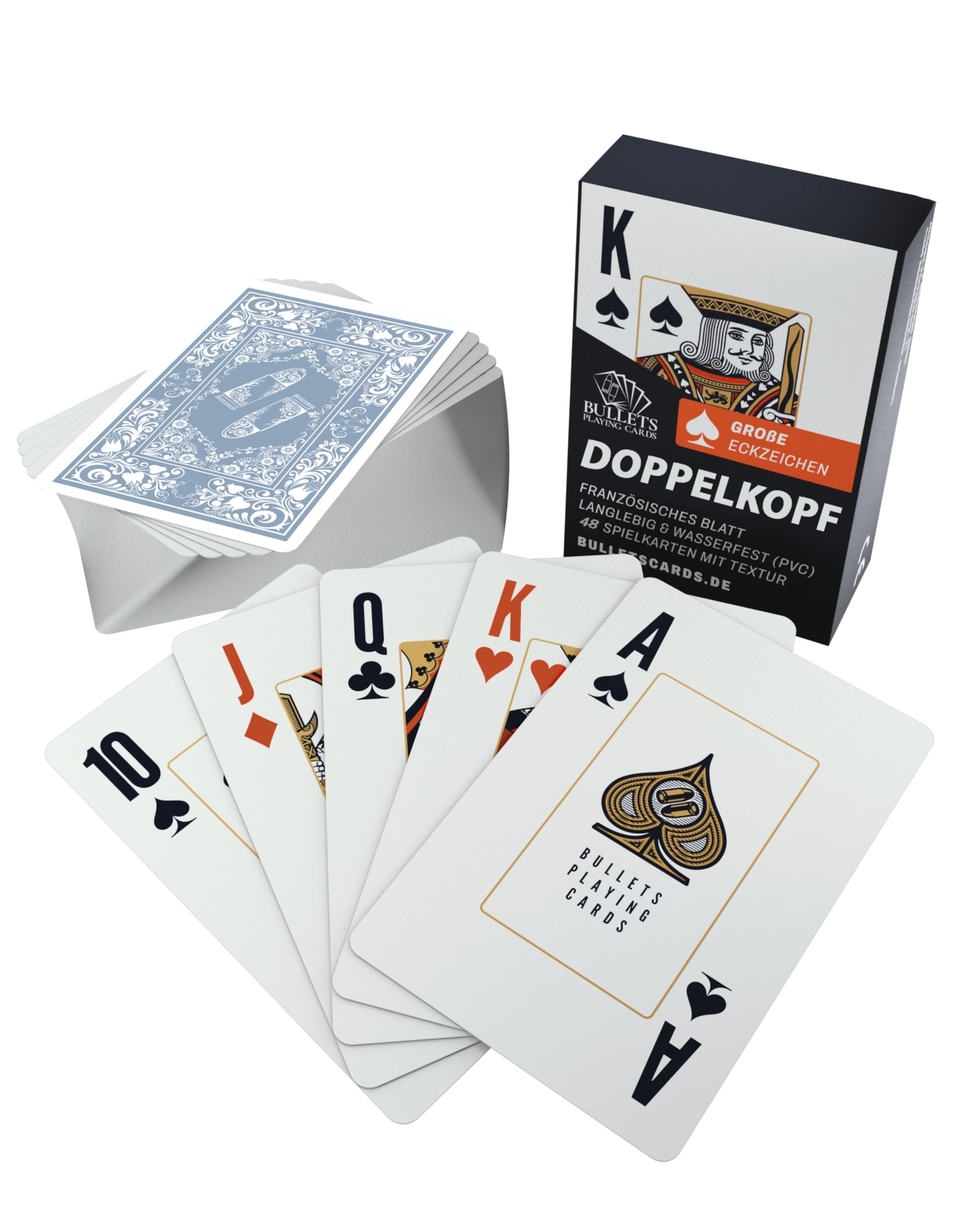 Bullets Playing Cards, Doppelkopf Card Deck for Seniors (French Leaf), Plastic, 2 Corner Signs, Jumbo Index, 57 x 88 mm