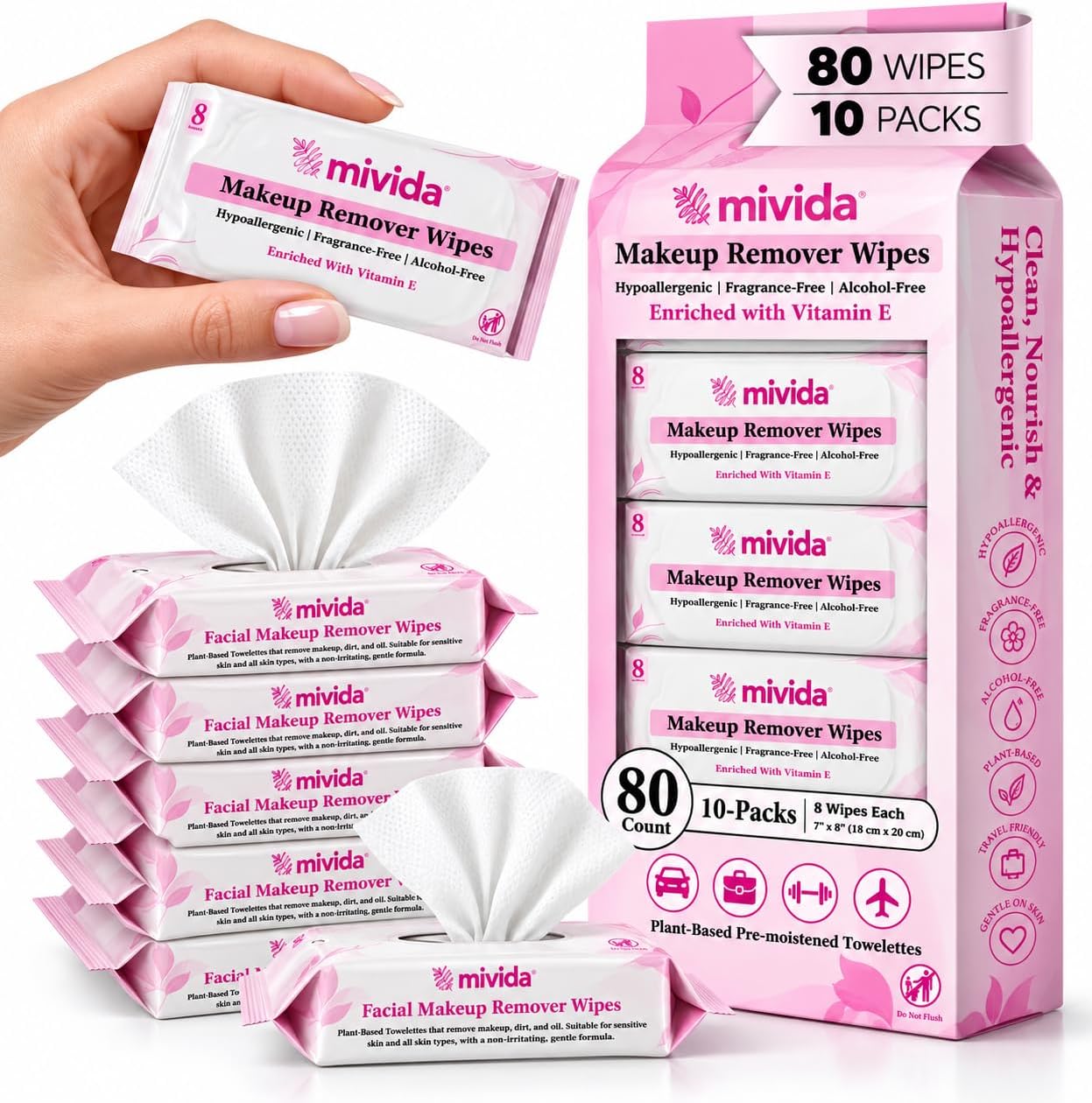 mivida Hypoallergenic Mini Makeup Remover Wipes Travel Size With Vitamin E, 80ct (8×10), Dermatologist Tested & Clinically Tested Makeup Wipes, 10 Packs