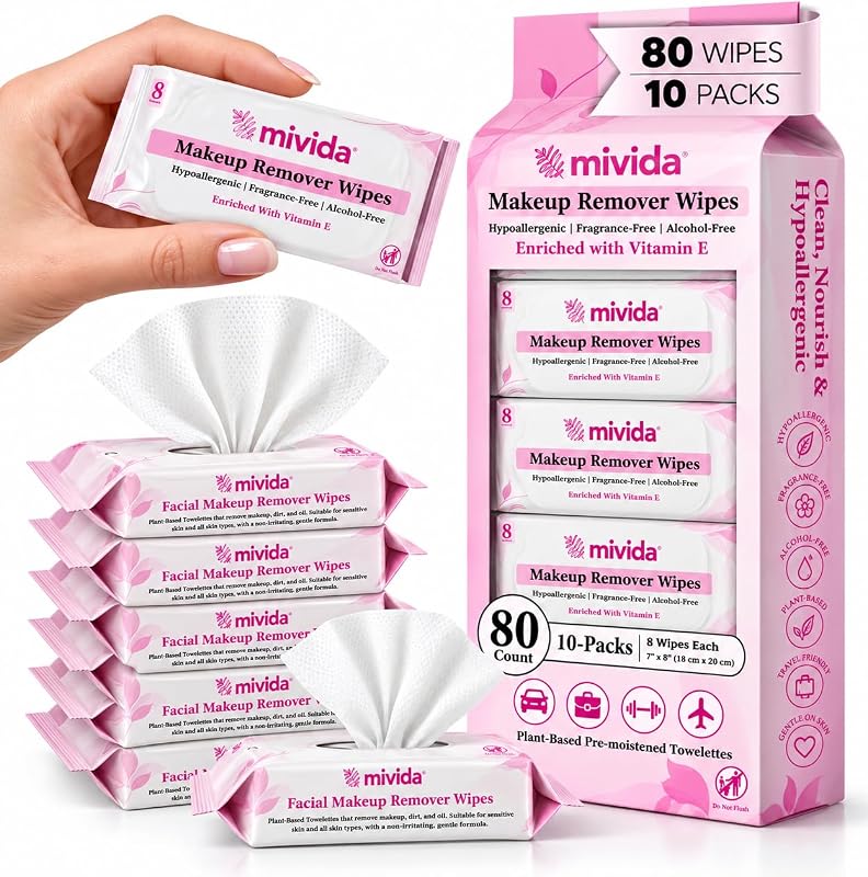 mivida Lenços demaquilantes faciais mini com vitamina E, 80 unidades (8 por pacote), pacote com 10