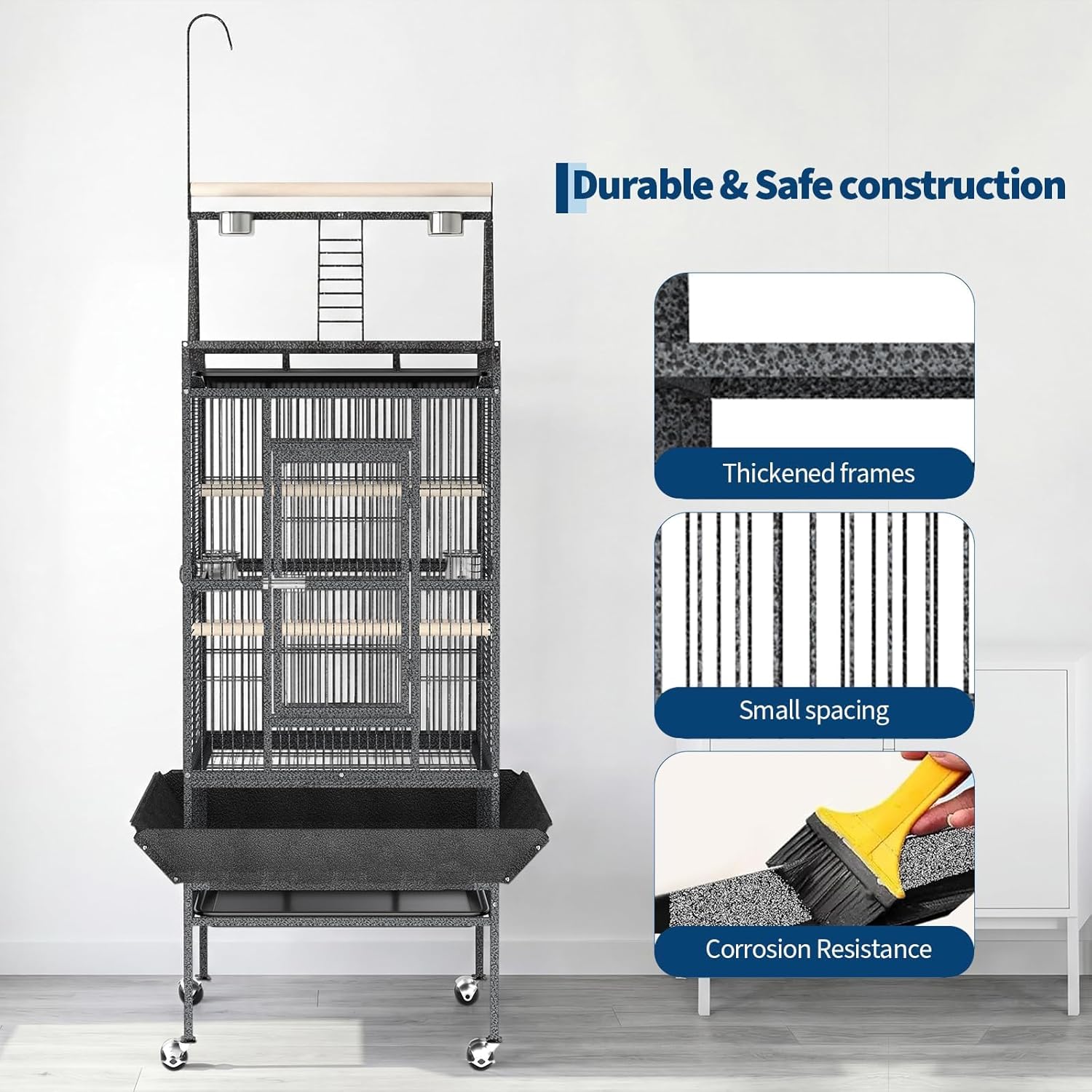 Large 82" Parrot Cage with Wheels, Play Top & Rope Perch - Spacious Flight Bird Cage for Parakeets, Cockatiels, Conures - Powder-Coated Speckled Black