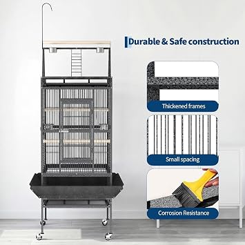 Garvee Extra Large 208cm Parrot Cage with Play Top & Rolling Stand, Heavy Duty Wrought Iron Bird Aviary with Rope Perch & Removable Tray For Budgies, Cockatiels, African Greys, Speckled Black