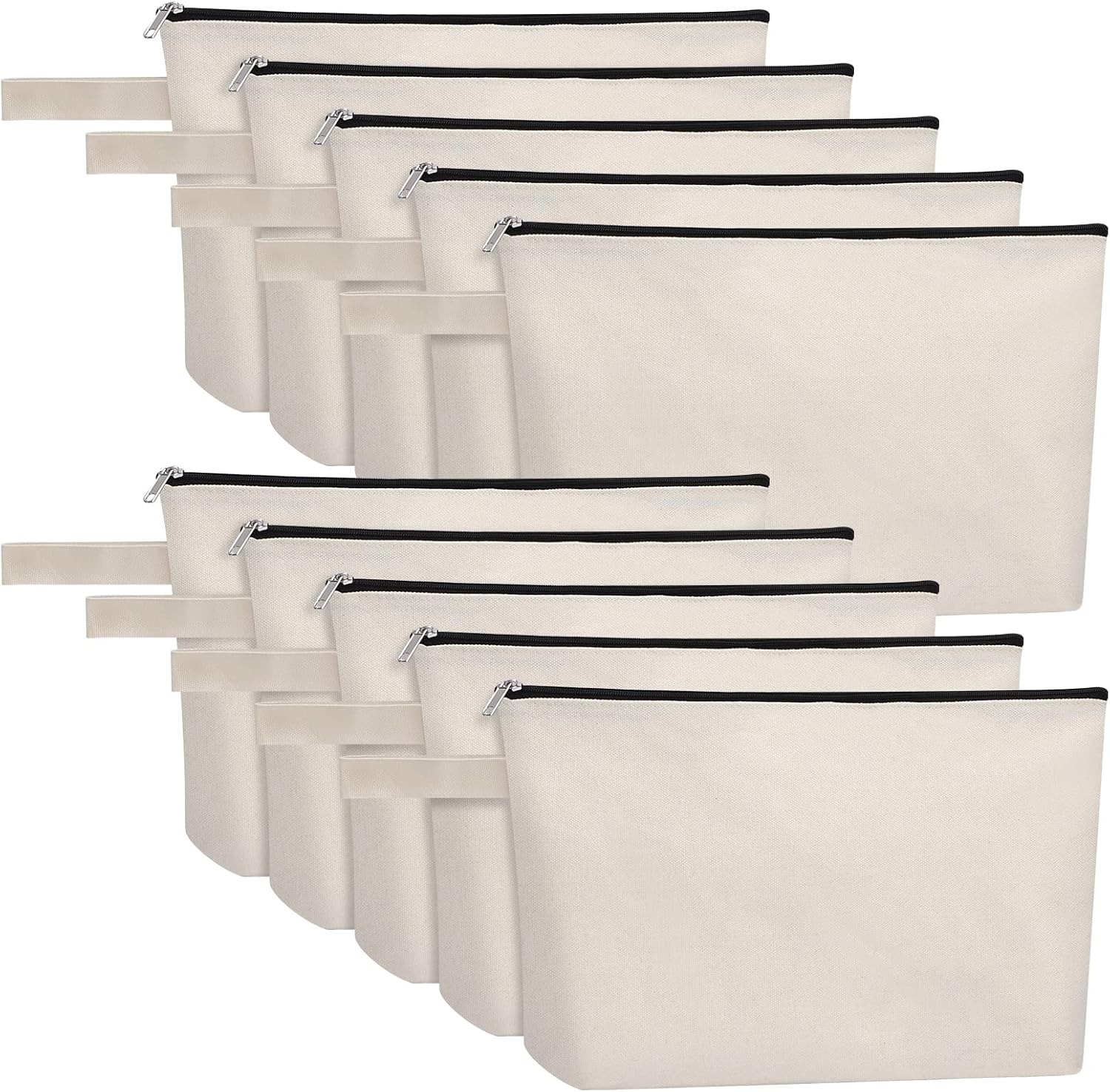 10 Pieces Cotton Canvas Makeup Bag with Bottom, Multi-Purpose Cosmetic Bag with Zipper Travel Toiletry Pouch, Blank DIY Craft Bag Pencil Bag (L, White) (MN-WB07)