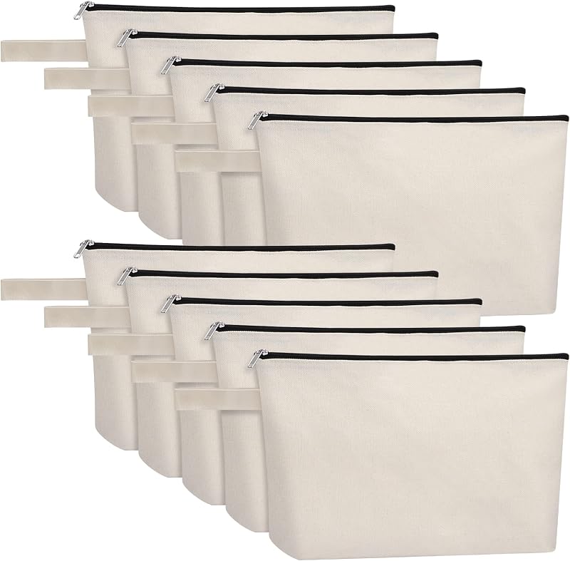 Sinzip Pacote com 10 necessaires de lona de algodão com zíper, base ampla e alça, brancas, MN-WB07