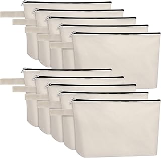 Sinzip 10 Pieces Cotton Canvas Makeup Bag with Bottom, Multi-Purpose Cosmetic Bag with Zipper Travel Toiletry Pouch, Blank DIY Craft Bag Pencil Bag (L, White) (MN-WB07)