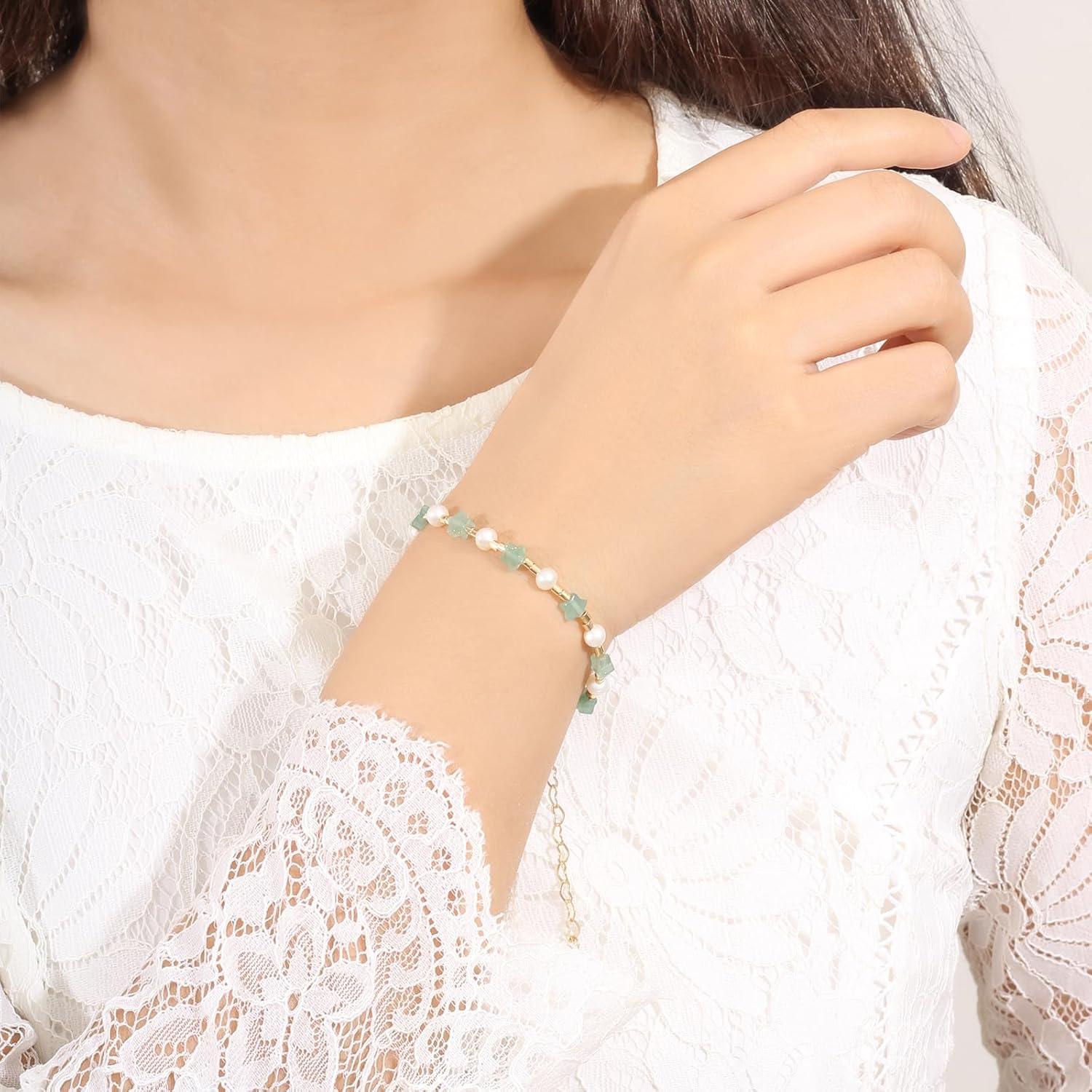 Natural Green Jade & Pearls Bracelets for Women, Natural Freshwater Pearls Jade Bracelets Adjusatble Jewelry Chain, Lucky Green Jade Jewelry for Mom Lover Her (14K Gold Plated) - Image 7