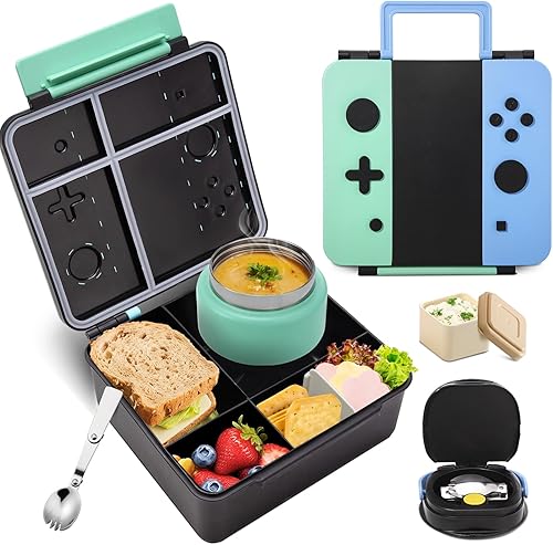 Caja Bento Game para niños, lonchera con termo (tarro de comida de 9 onzas), cuchara plegable, divisor extraíble y taza de salsa, lonchera infantil