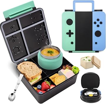 Game Bento Box for Kids, Lunch Box with Thermo9oz Food Jar, Folding Spoon, Removable Divider & Sauce Cup, Lunch Box Kids for School,Travel, BPA-Free & Realistic ShapeBlue-Green