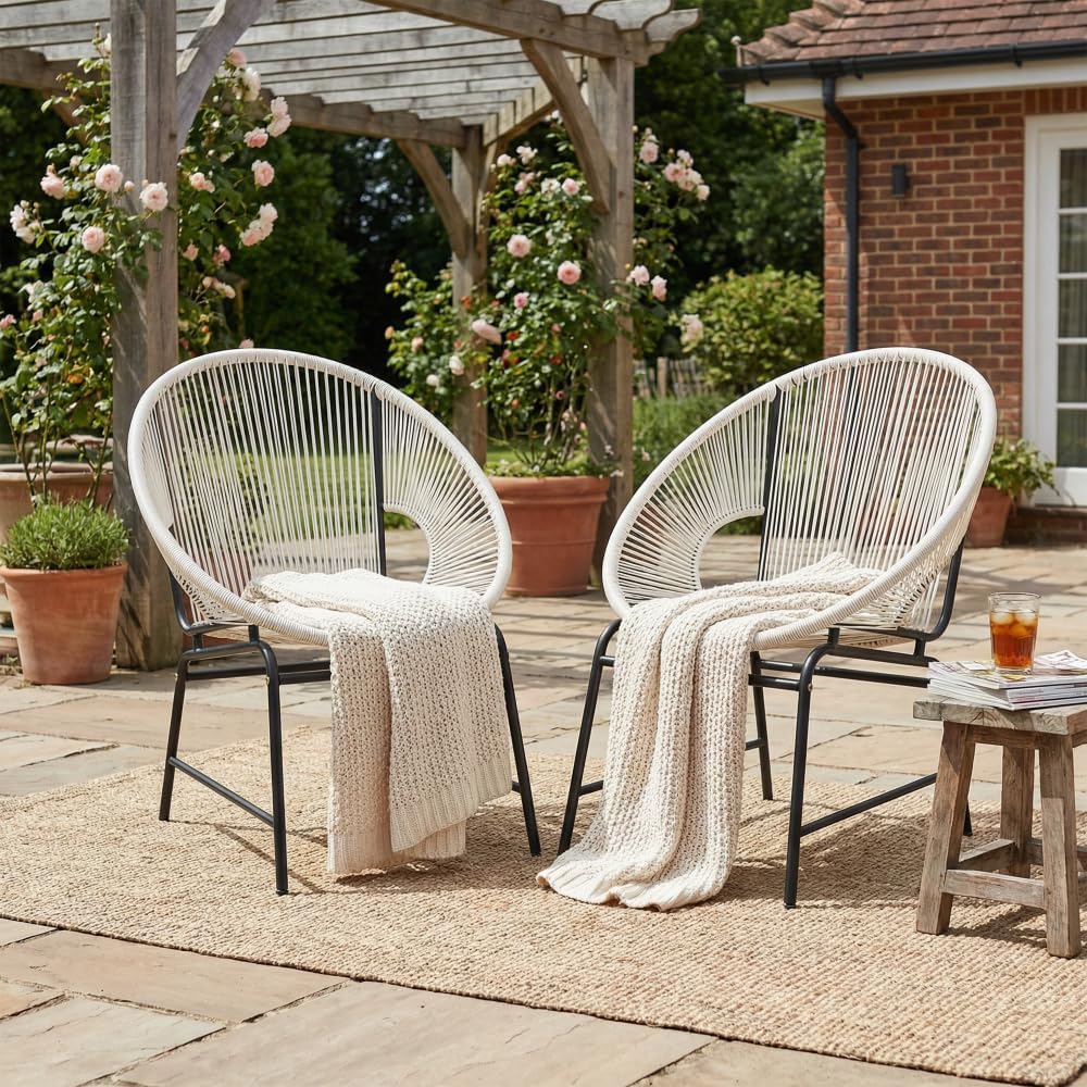 NUSA Outdoor Patio Wicker Chair, Black PE Rattan & Iron Frame, Set of 2 (Club Chair (White))