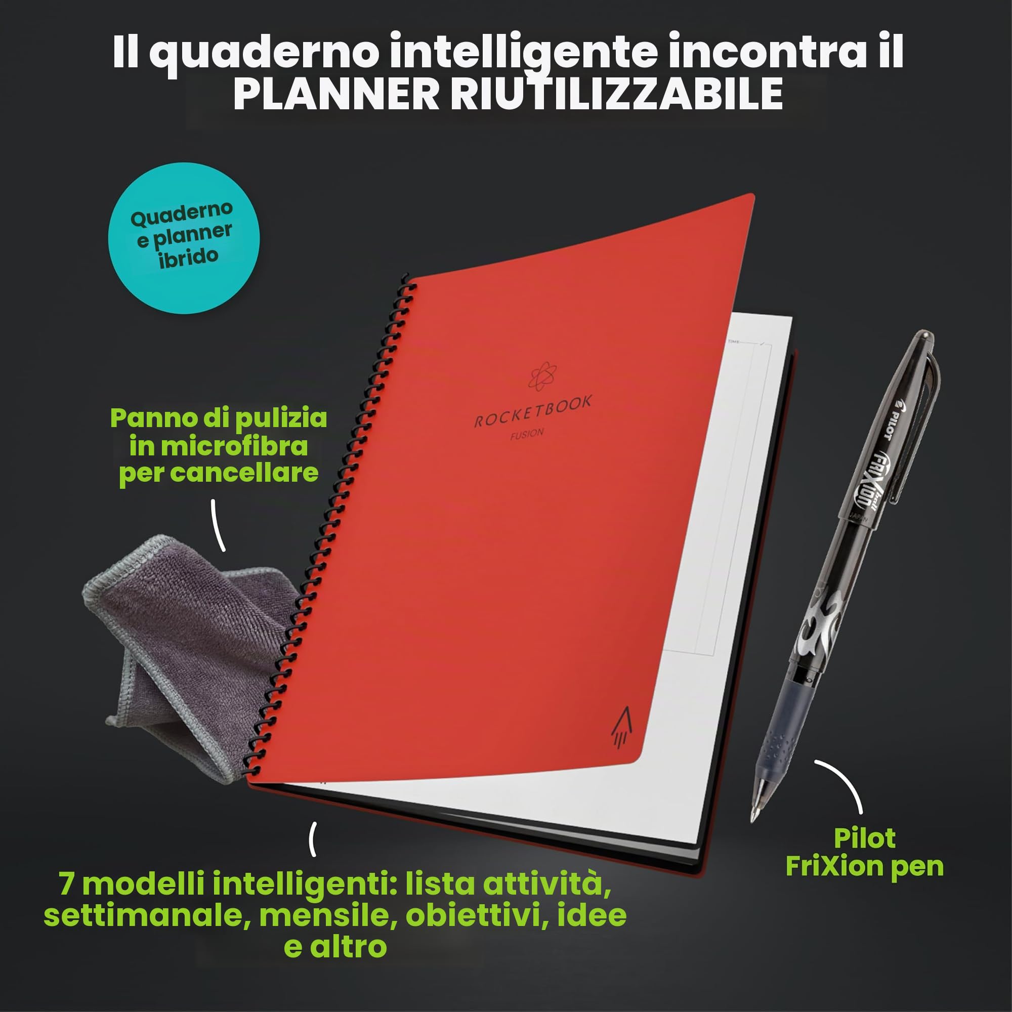 Rocketbook Fusion Quaderno Appunti Digitale - Riutilizzabile Taccuino Digitali A5 Grigio A Spirale Agenda Giornaliera, Planner Settimanale, Penna Cancellabile Pilot Frixion Inclusi, Gadget Tecnologici | Tracciamento degli obiettivi, pianificazione del pro