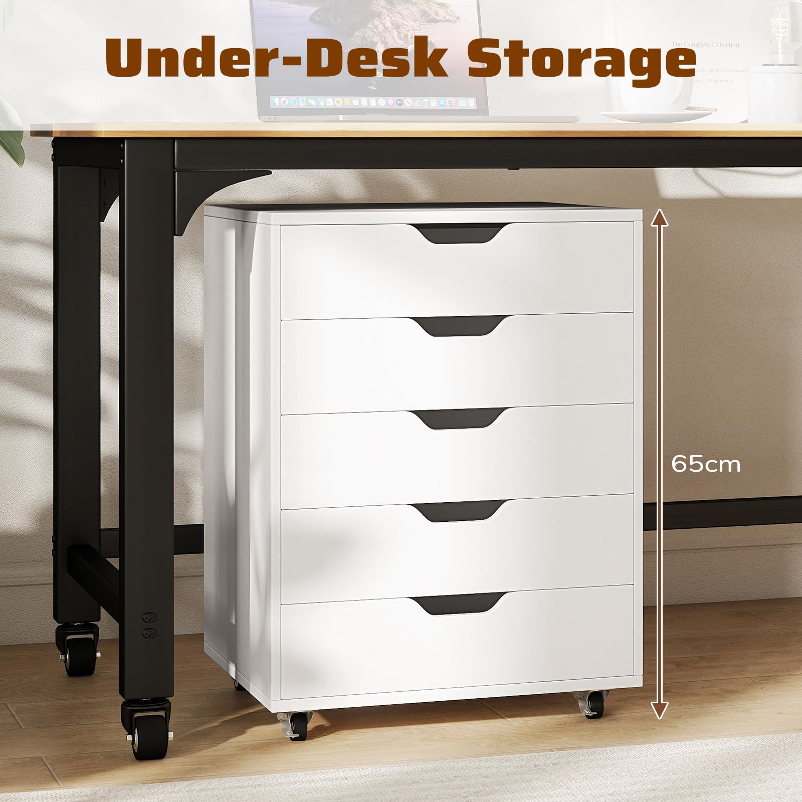 GIANTEX Rollcontainer mit 5 Schubladen, Aktenschrank mit Rollen, Schubladenschrank Holz unter Schreibtisch, Druckertisch für Zuhause & Büro (Weiß, 49 x 40 x 65 cm)