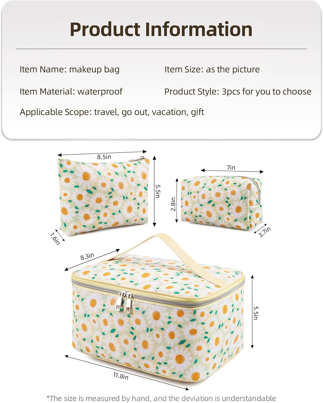 SAMZSKY Makeup Bag Set, 3 Pcs Portable Travel Cosmetic Bag Waterproof Organizer Case with Zipper Toiletry Bags, Gift for Women (Light Yellow) : Beauty & Personal Care