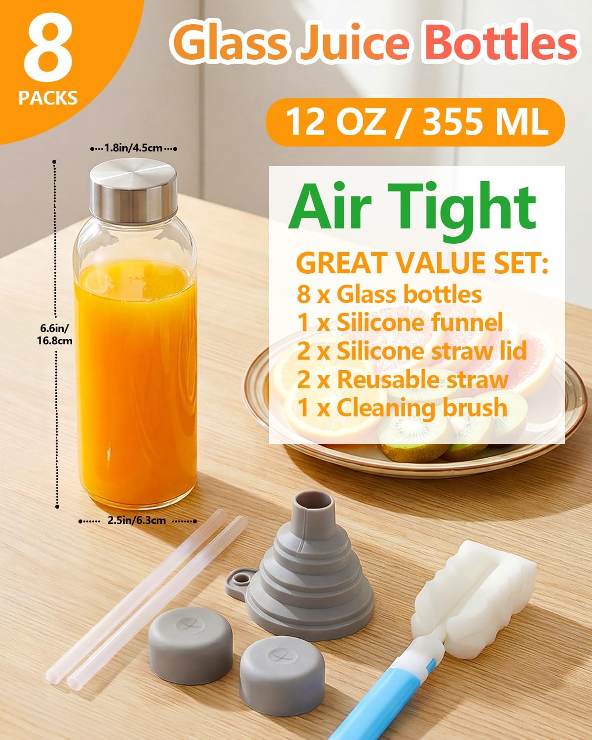 Zukro Glass Water Bottles with Lids 12 oz, Reusable Clear Juice Bottles With Stainless Steel Airtight Cap for Juicing, 100% Leak Proof Juice Drinking Jar for Ginger and Milk, BPA Free, Set of 8 - Image 2