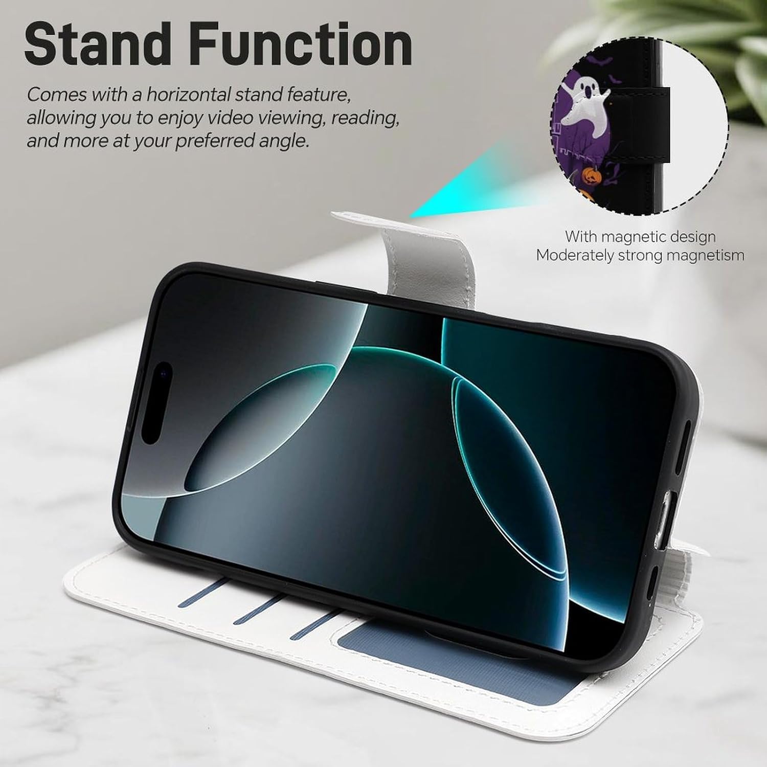 Halloween-Themed Pumpkins Ghosts Compatible with iPhone 16/16 Plus/16 Pro/16 Pro Max/16 E Case Phone Wallet Card Holder Flip Cover with Wrist Strap