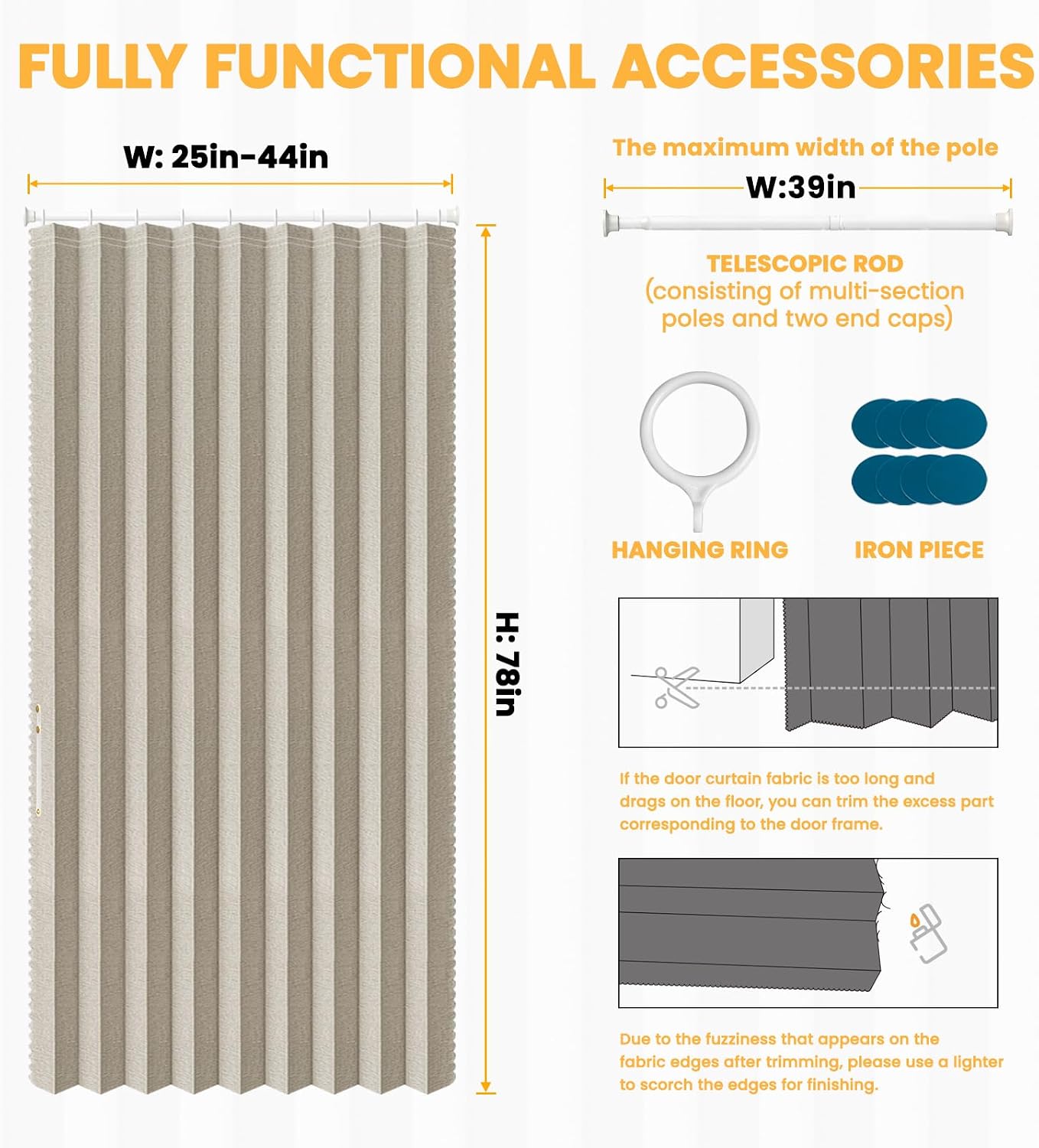 AJAZZ Blackout Door Curtains with Curtain Rods Adjustable 28-39" Long Magnetic Door Curtain Blackout Curtains for Bedroom, Doorway Curtain Sets (1 Pack, 42 W x 78 L, Cream White) image 5