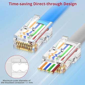 XUNTOP 100-Pack RJ45 Connectors for Cat6 Cat5 Cat5e Gold-Plated RJ45 Pass Through Connector Cat6 Connector for Solid/Stranded 23-24AWG UTP Ethernet Cable