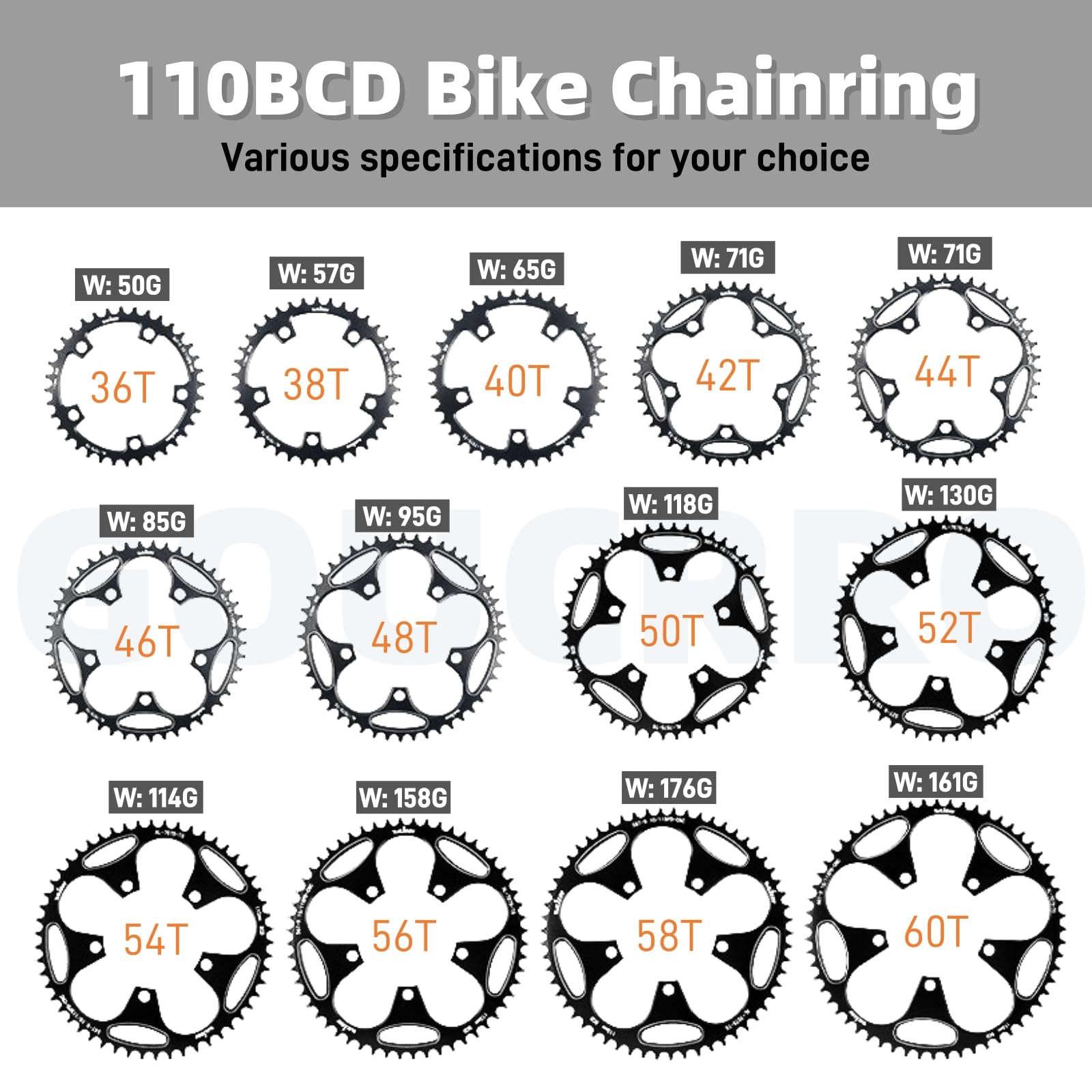 Corona 110/130 BCD 36/38/40/42/44/46/48/50/52/54/56/58/60T Corona rotonda stretta per bicicletta pieghevole con 5 viti per bici da strada pieghevole