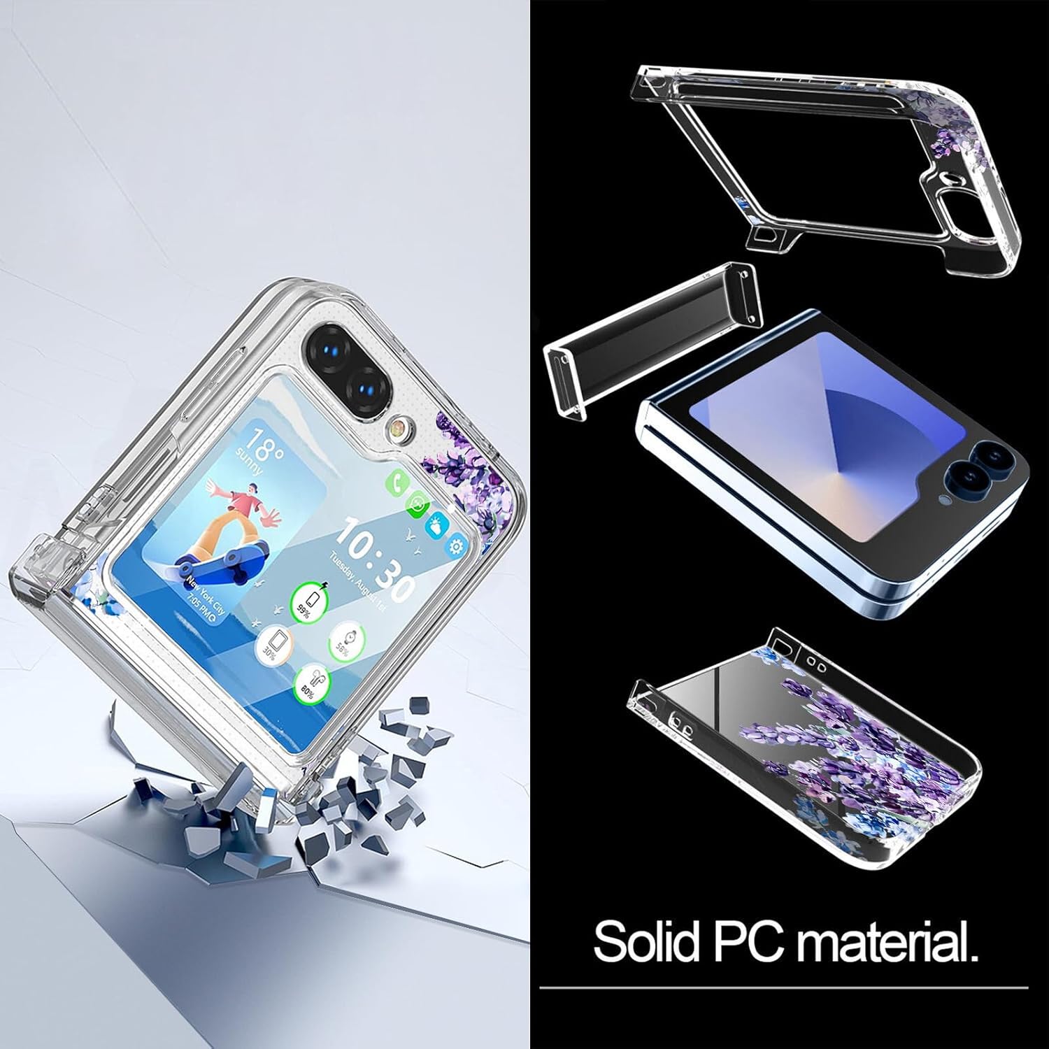 for Samsung Galaxy Z Flip 6 Case with Hinge Protection,Clear Floral Lavender Shockproof Protective Hard PC Slim Floral Women Phone Case for Z Flip6 - Purple Lavender