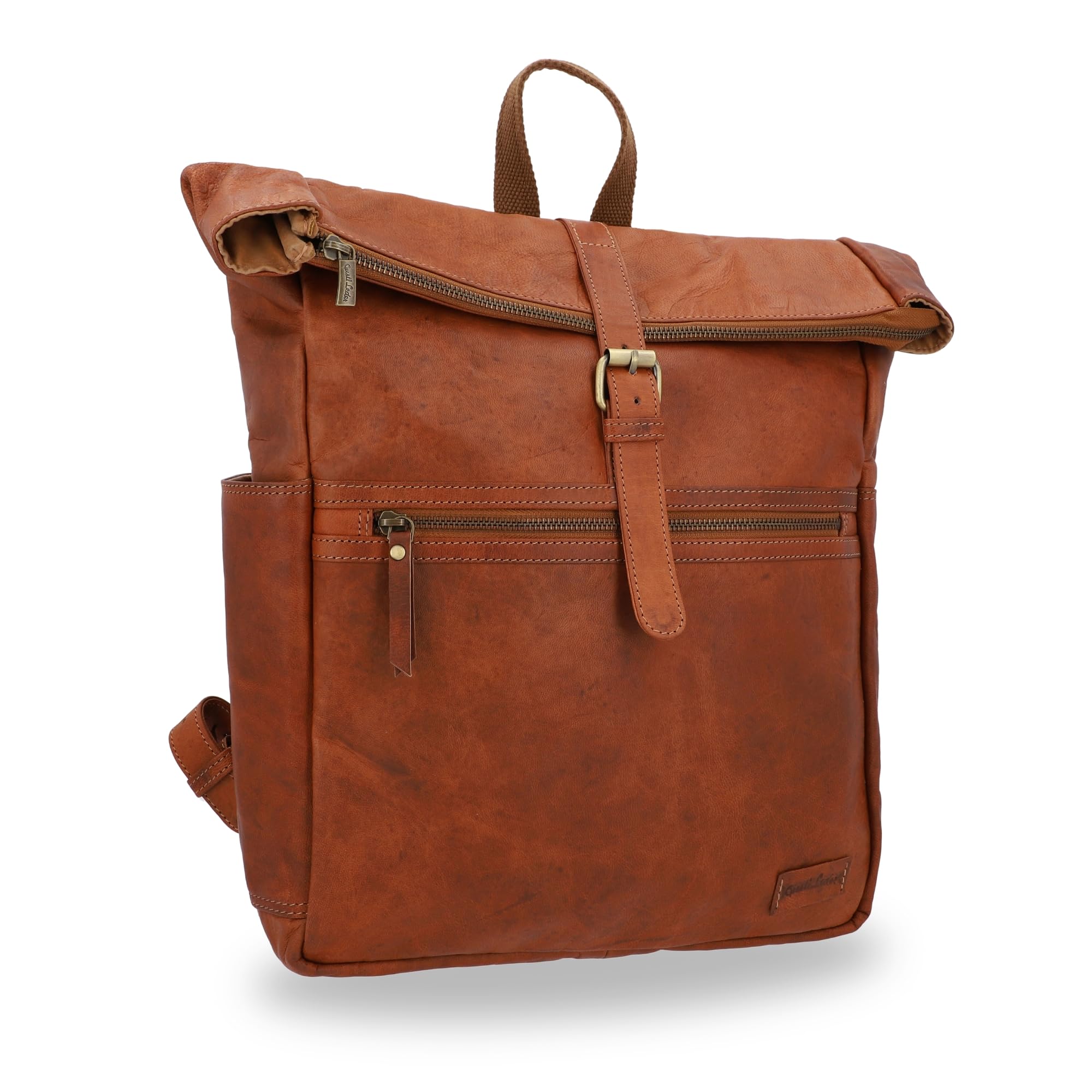 Gusti Leder Milo Vintage Rolltoprucksack für Herren und Damen, mit extra Reißverschlusstasche, AirTag-Fach und abnehmbarem Schlüsselanhänger und Laptopfach