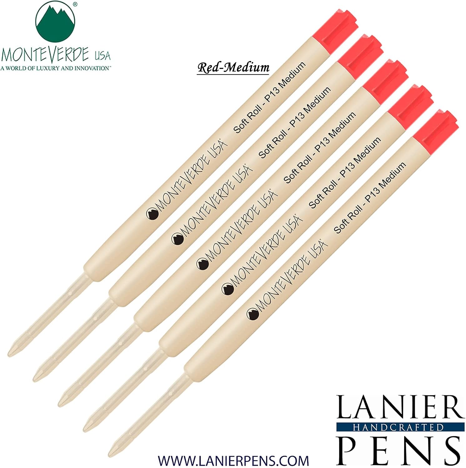 Lanier Combo Pack - 5 Pack - Monteverde® SoftRoll™ Ballpoint P13 Paste Ink Refill Compatible with Most Parker® Style Ballpoint Pens - Red (Medium Tip 0.7mm)