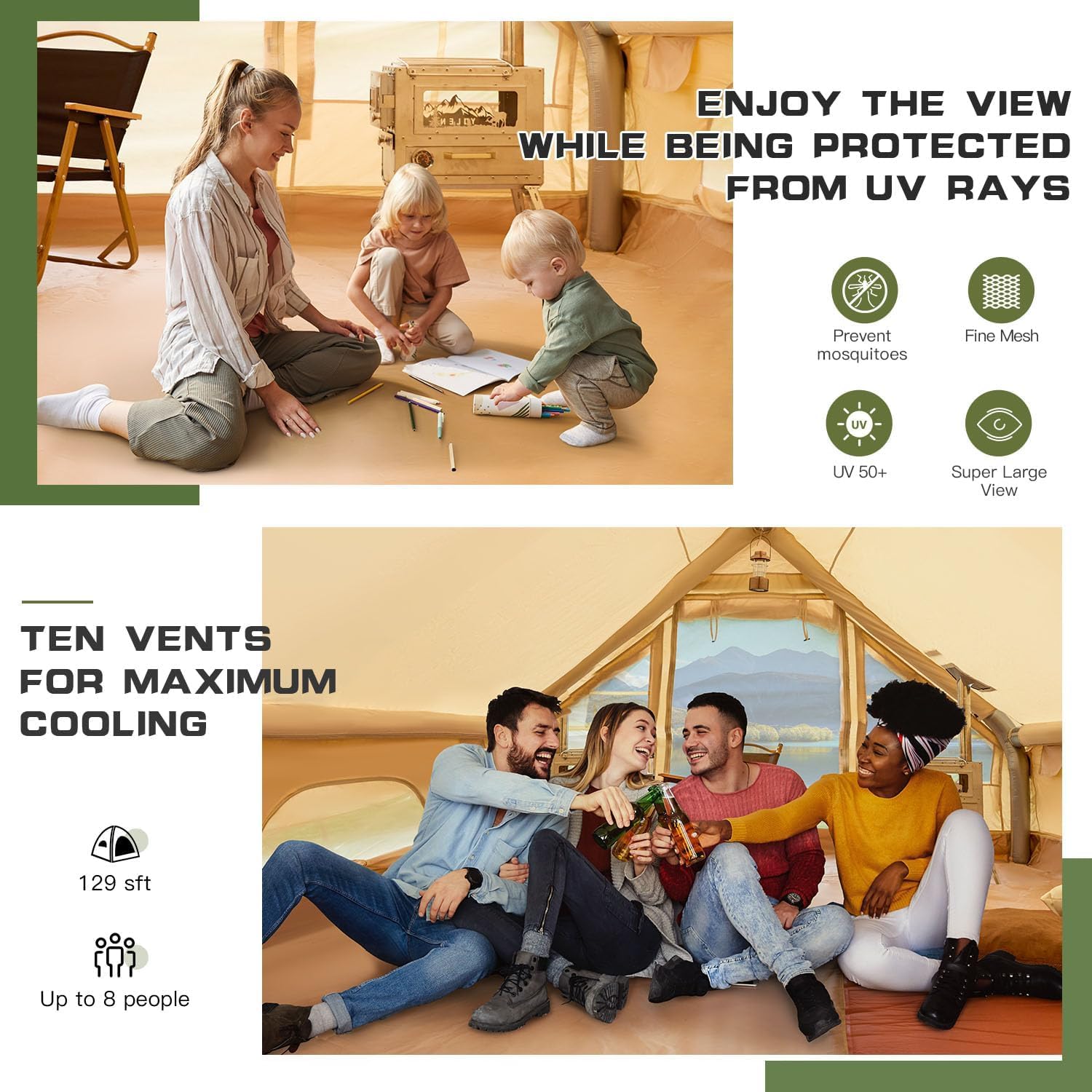 EROMMY 6-8 Person Inflatable Tent for Camping, Easy Setup 130 Square Camping Tent with Mesh & Chimney Windows, Large Tents for Outdoor Camping