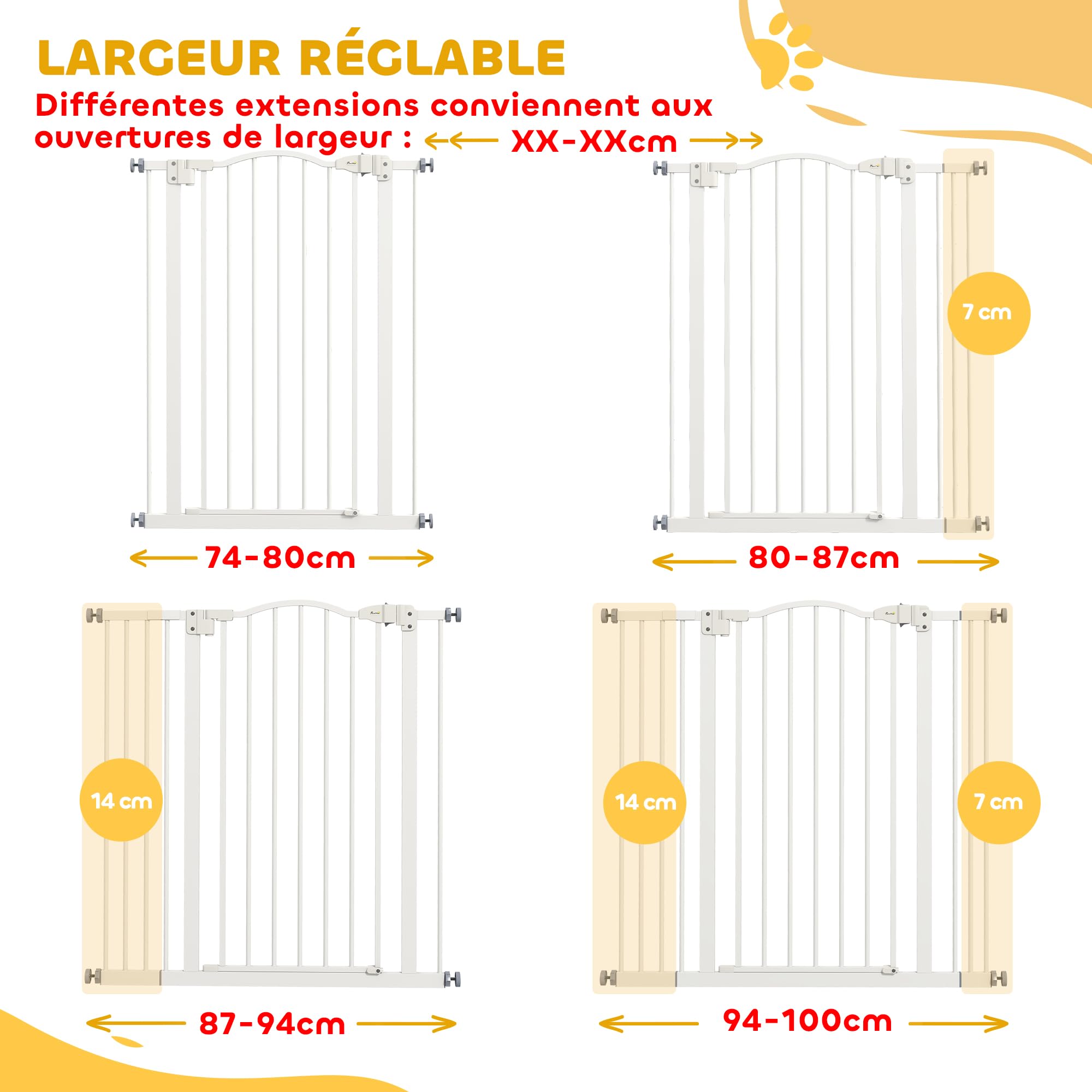 PawHut - Barrera de Seguridad para Perros Extensible 74-100 cm, Barrera de Escalera de fijación por presión sin taladrar, Doble Bloqueo de Cierre, Cierre automático, Altura 94 cm, Color Blanco | Barrera de escalera de fijación por presión sin taladrar, do
