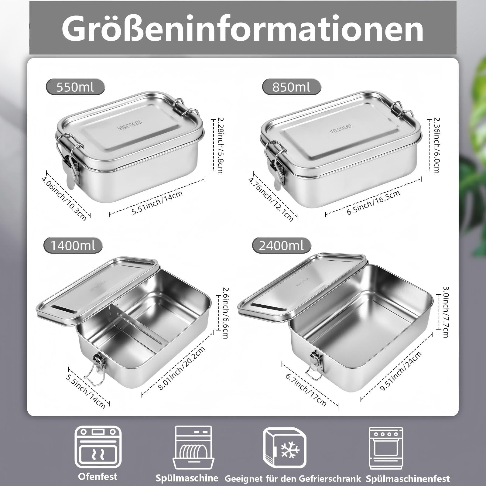 4 Stück Edelstahl-Bento-Box, 4 Größen, Metall-Lunchbox, Lebensmittelbehälter, Lunchbehälter für Zuhause, Arbeit, Camping (550 ml + 850 ml + 1400 ml + 2400 ml)